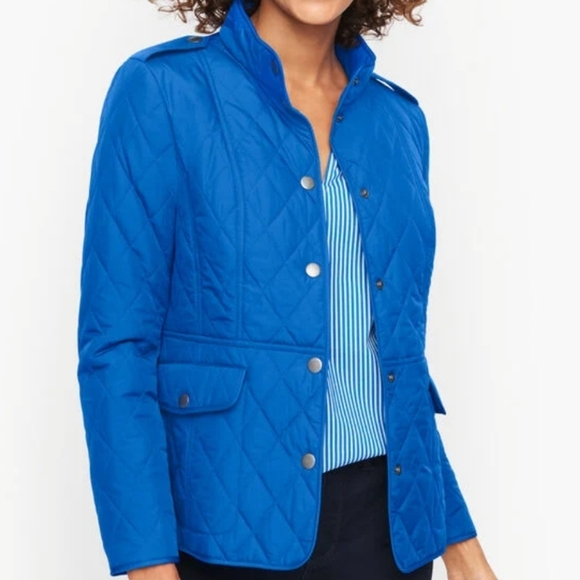 Talbots Port Blue Quilted Jacket Size P Barn Pockets Snap - Picture 1 of 7